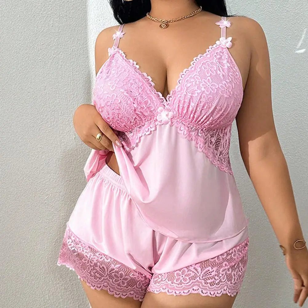Women Plus Size Pajamas Set Sexy Lace Trim Cami Sleeveless Top And Shorts Nightwear Set Two-Piece Camisole Lounge Sleepwear Set