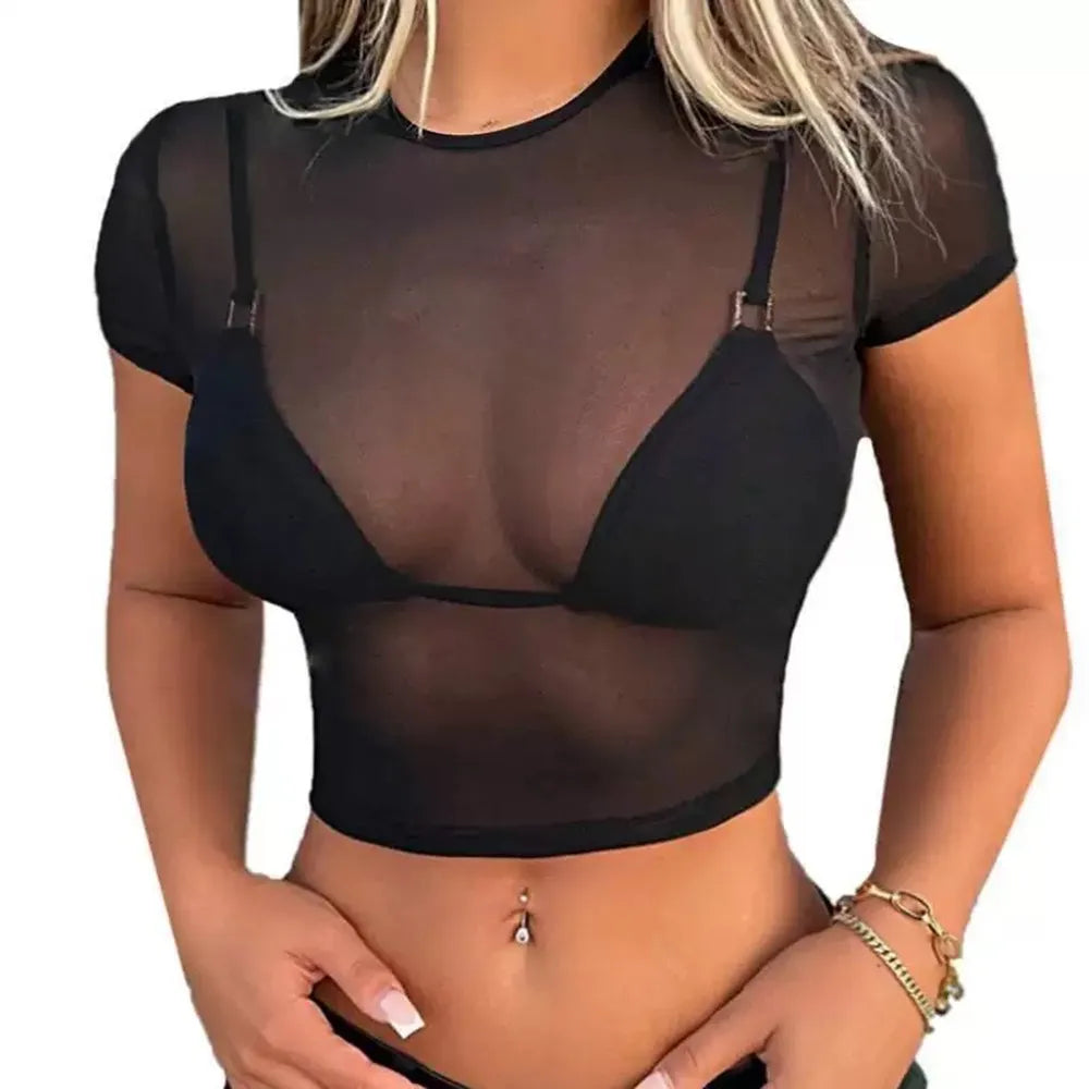 Summer Swimsuit Tops Women Sexy Bikini Swimwear Sexy Mesh Short T-shirt Beachwear Tight Crop Tops Black White T-Shirt Blouse Y2K