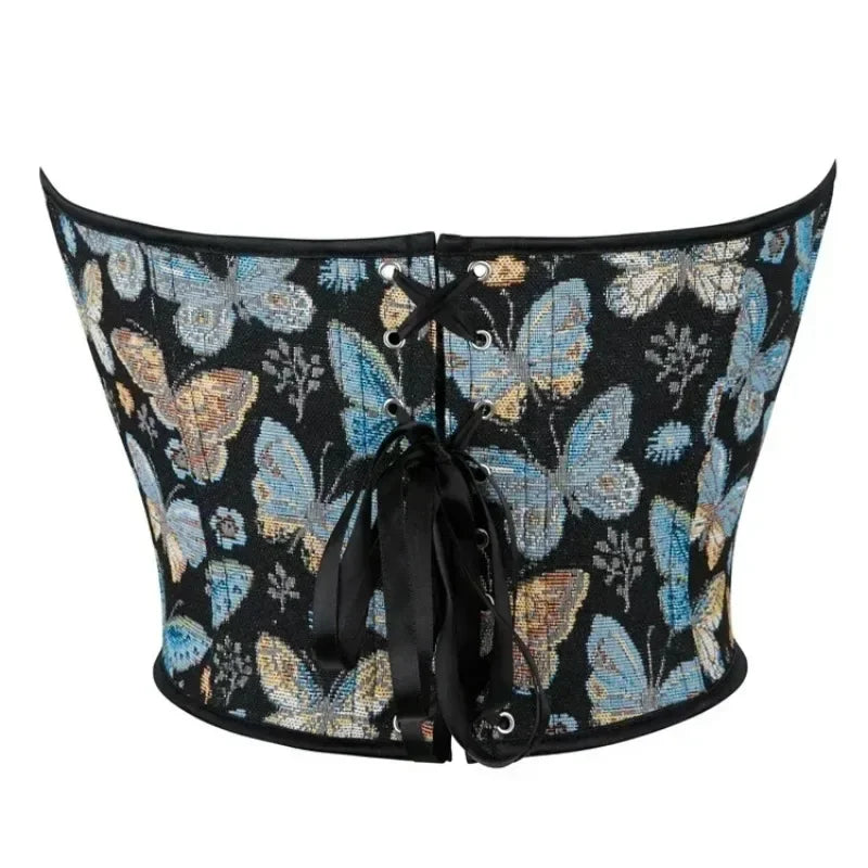 Women Sexy Overbust Corset Top, Flower Butterfly Bustier Lingerie Vintage Corselet