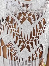 Beach Cover Ups for Swimwear Women Sexy Hand Hook Hollow Out Sunscreen Shirt with Long Tassel Beach Cover
