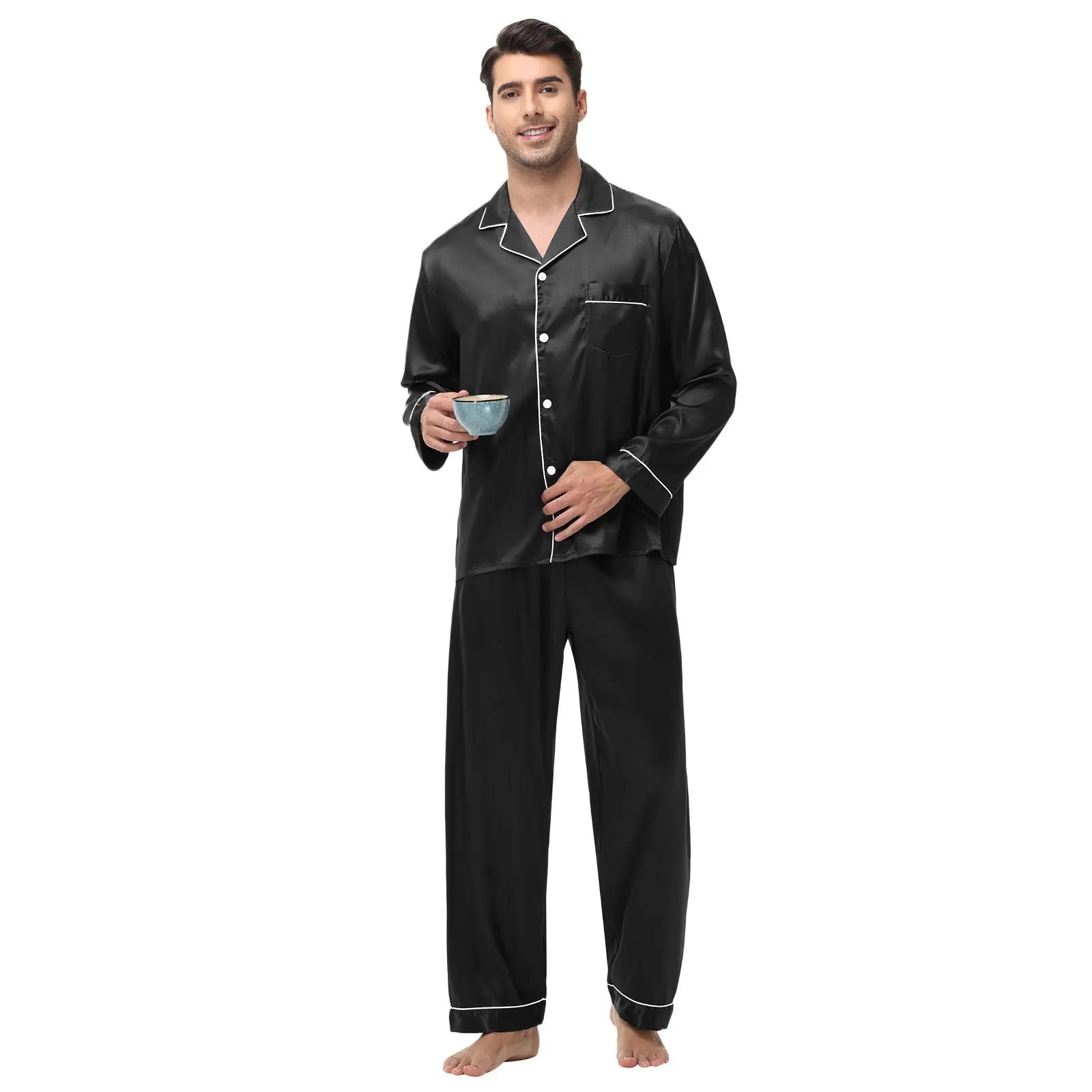 Men Pajamas Set Silk Satin Sleepwear for Man Shirt Long Sleeve Pijama Male Fashion Soft Loungewear S-2XL Size Spring Nightwear