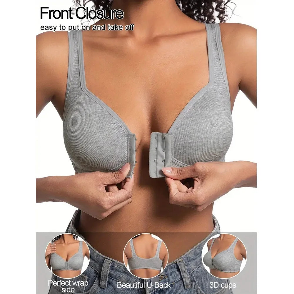 Women's Bra Wire-Free Front Closure Solid Color Full Coverage 3D Cups More Considerate for Middle-Aged And Elderly Individual