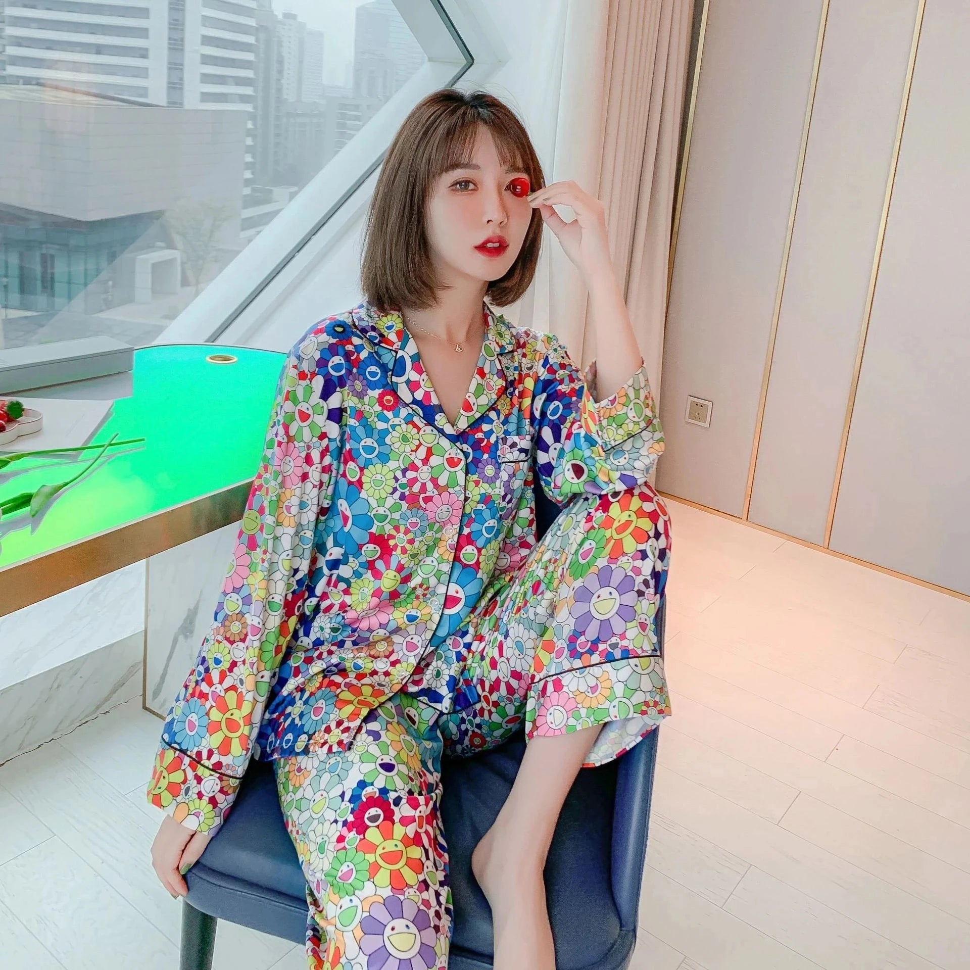 Satin Pajamas Set Spring Summer Home Suit with Pant Women's Print Pijama Suit Silk Pijama Set Sleepwear for Female Pyjamas