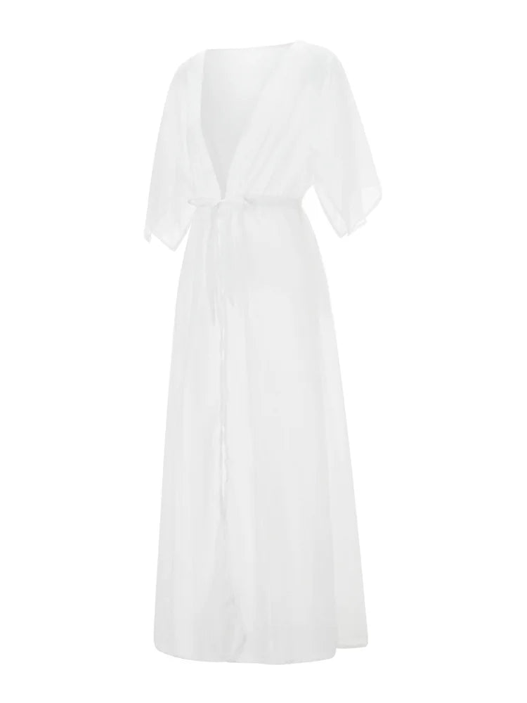 Women See Through Bikini Cover-ups Mesh Short Sleeve Cardigan Beach Dress Summer Sexy Swimwear Cover Ups