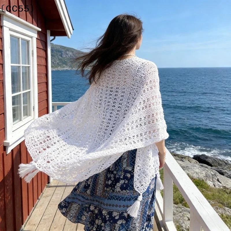 Summer Mesh Lace Women Cover-Up With Tassels Elegant Beach Open-Front Sun Protection Shawl〔CC55〕