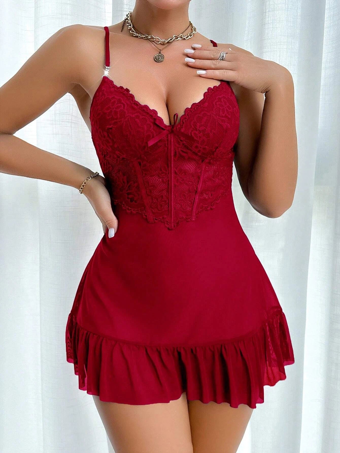 Women's sexy robe lingerie set with lace V-neck slip dress and sheer mesh robe nightgown, women's casual sleepwear