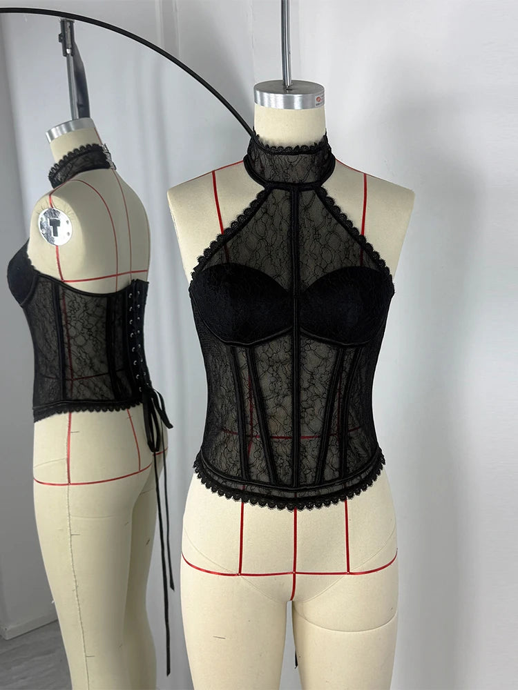 Lace Halter Corset Top For Women Backless See Through Sexy Vest Slim Fishbone Top Summer 2026 Fashion Ins Hot Camis Y2K Crop Top