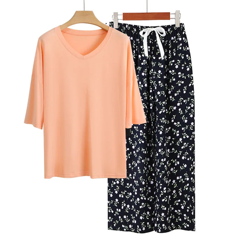 Casual Pajamas Set Spring Summer Short Sleeve Tops Long Pant Suit Elegant Women's Pijamas Home Sleepwear Clothes Pijama Mujer