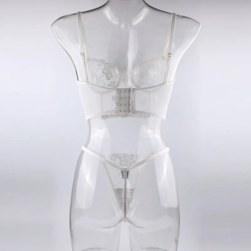 Womens Lingerie Set  White Embroidered Fish-bone Bra Underwear, Thong, Tank Top - A Set of Sexy Lingerie in A Variety of Styles