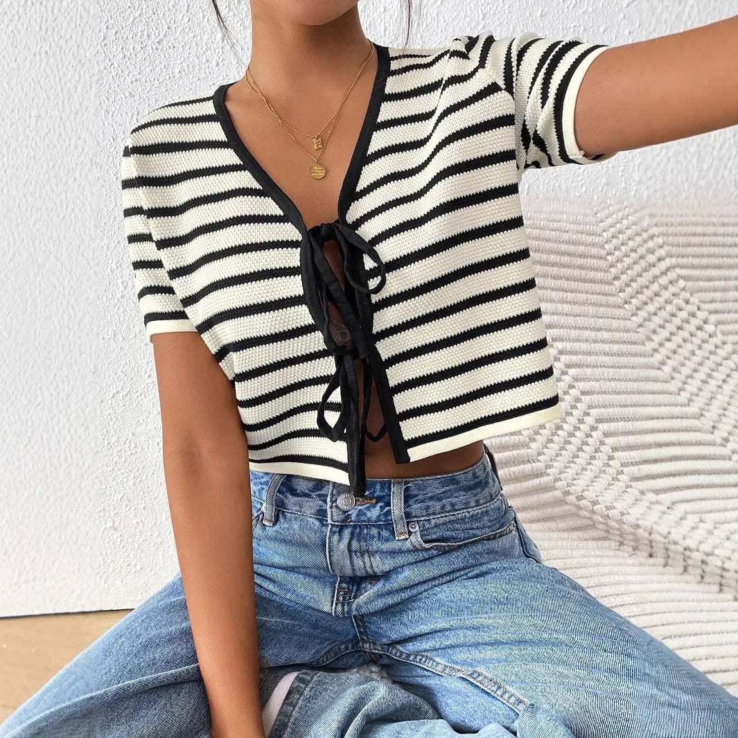 white black stripes short sleeve blouse for women turn-down collar V-neck cropped summer bikini tops hot girl boho beach tops