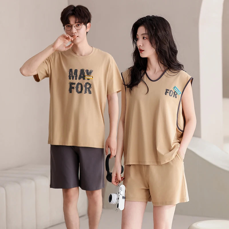 Couple Pajama Set Summer 100% Cotton Pyjamas Men and Women Sleeveless Pijamas