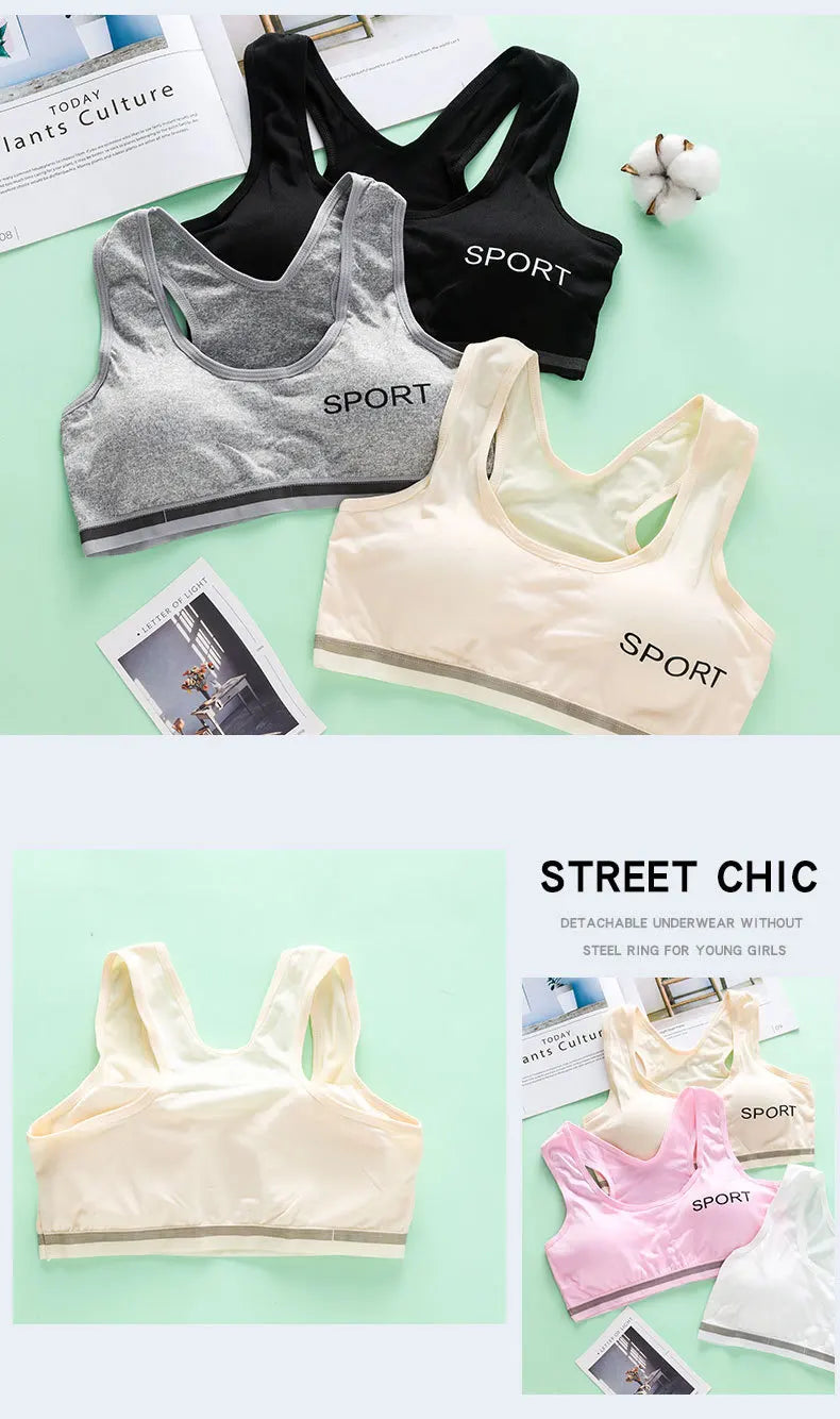 Adolescent Girl Sports Bra Breathable Lightweight Sponge Pad Wide Shoulder Strap Vest Solid Color Simple and Comfortable Bra