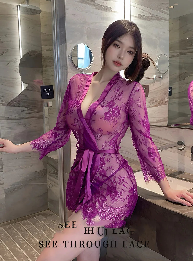 Sexy lingerie lace sexy women purple perspective seductive long skirt Women's corset Schoolgirl costume Sexual fantasy Sex shop