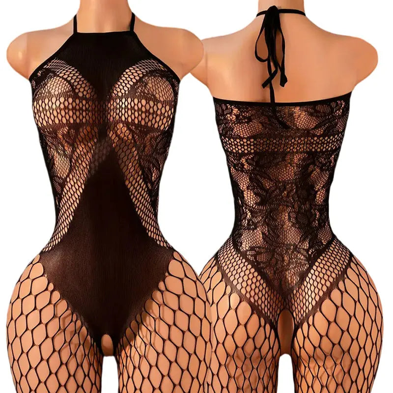 Lace Bra One-Piece Set Crotchless Lingerie Women's Curve Jumpsuit Hot Open Bras Body Stockings Halter Neck See-through Underwear