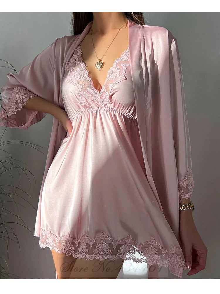 Sexy Lace Twinset Robe Set Nightgown Silky Satin Home Dress Lounge Wear Summer Female Sleepwear Kimono Bathrobe Gown Lingerie