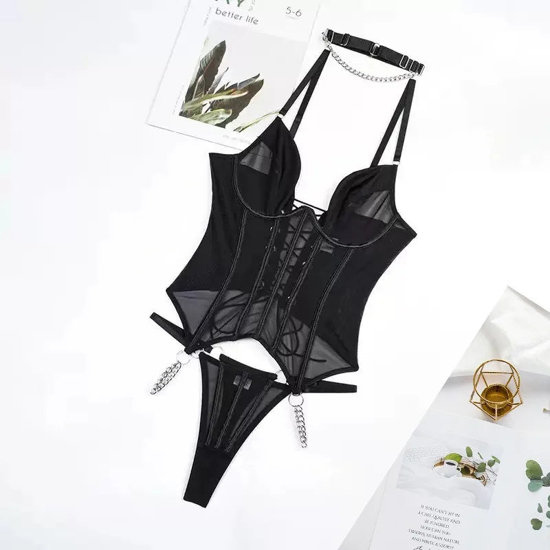 Mesh Corset Lingerie Set With Matching Thong And Chain Detailing Womens Mesh Lingerie Naughty Outfits For Women