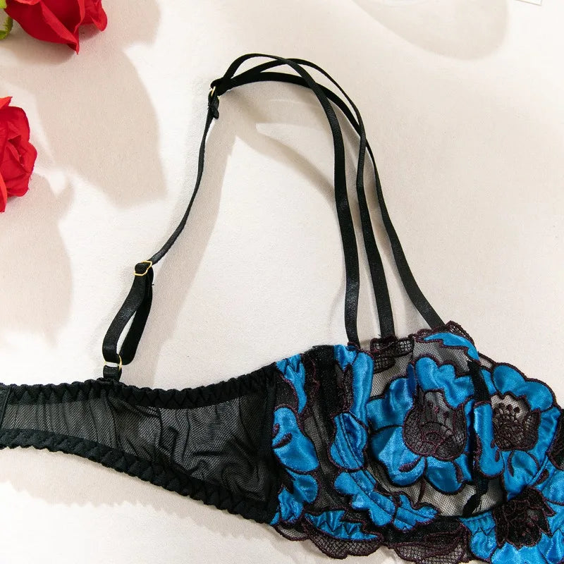 Sissy Sexy Lingerie Sets Exquisite Floral Embroidery 3 Pieces Set Beautiful Erotic Underwear Sheer Mesh Bra Panties Garters Belt