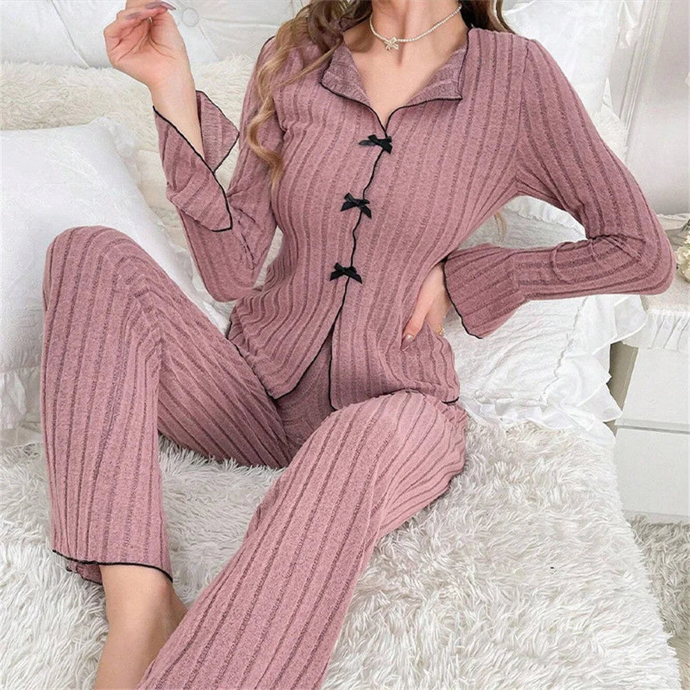 Ribbed Knit Pajama Sets Long Sleeve Lounge Set for Women  Button Top Full Length Pants 2 Piece Fall Casual Outfit Sets