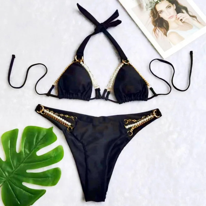 Bikini swimsuit with separate metal cover-up, women's halter neck backless swimwear made of highly elastic fabric
