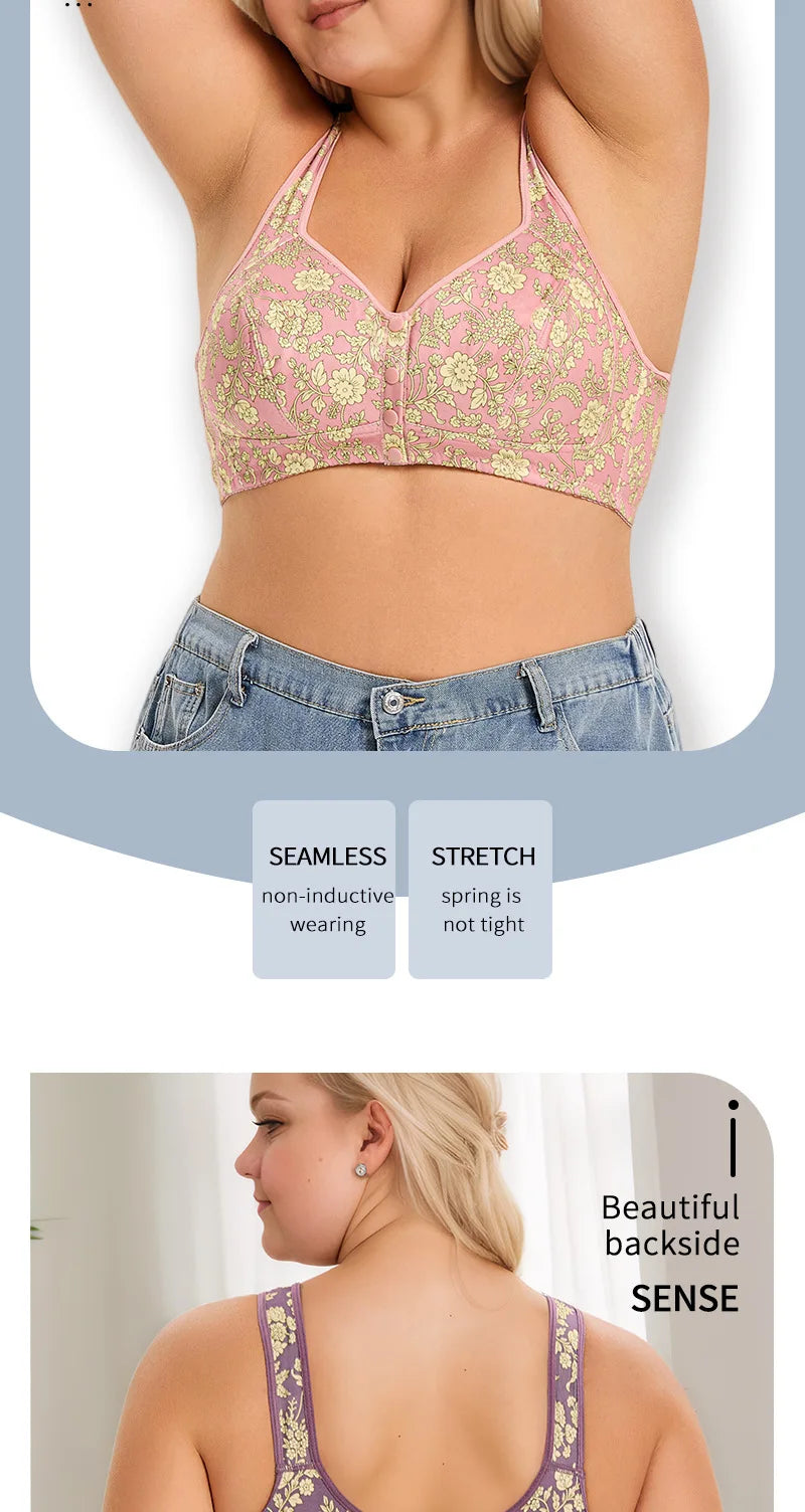 plus Size Front Closure Wireless Floral Print Bra Full Coverage Comfortable Support Bralette for Women Wide Band Everyday Wear