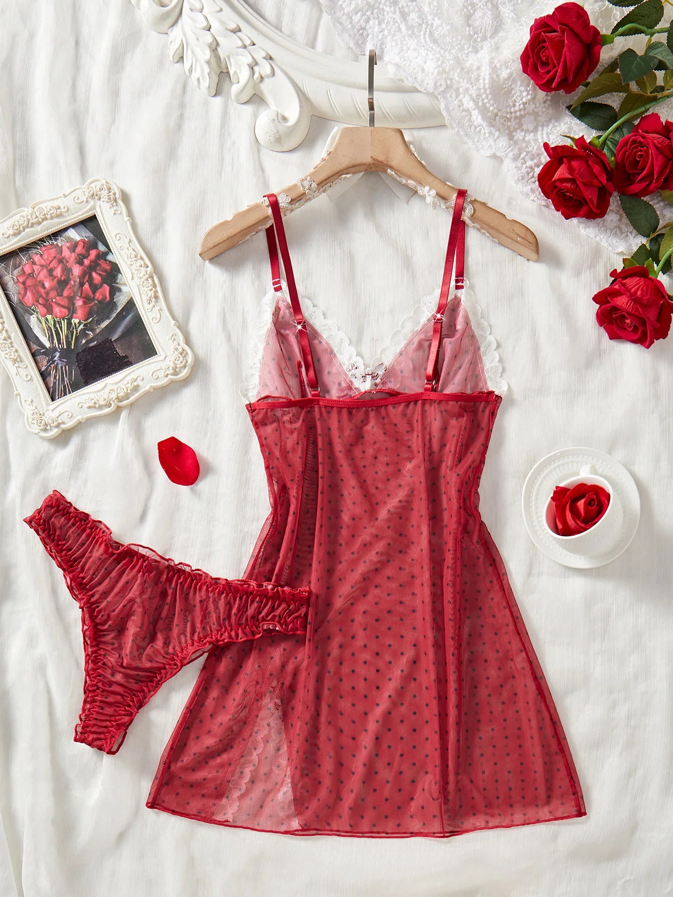 Lace Mesh Semi-Sheer Cami Nightdress Two-Piece Set