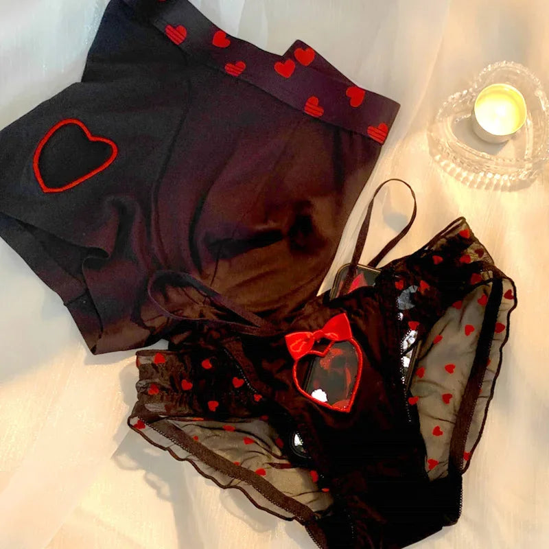 Lovers Fun Lingerie Sexy Couple Underwear Set Heart Lace Panties for Lover Modal Underpants Couple Men Shorts Women Briefs New