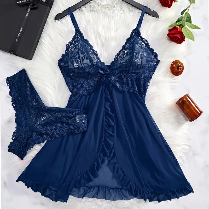 Women's Sexy Lingerie Dress Thin Style G-string Contrast Lace Ruffle Trim Lingerie Set Deep V Slip Thong Lencería Mujeres