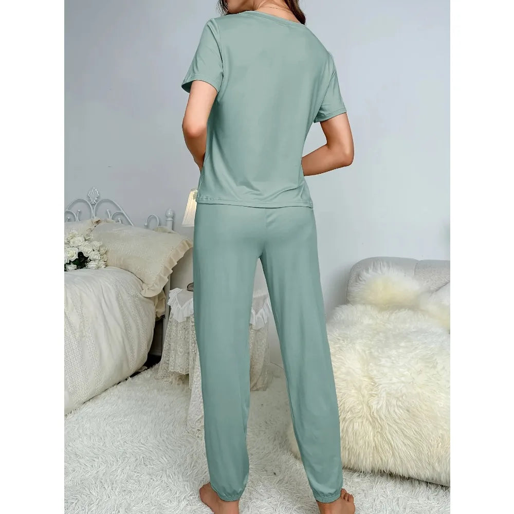 Women's Pajamas Set Solid Color Short Sleeve O Neck T-Shirt+Trousers 2 Pieces Suit Sleepwear Soft Loose Pijama Female Loungewear