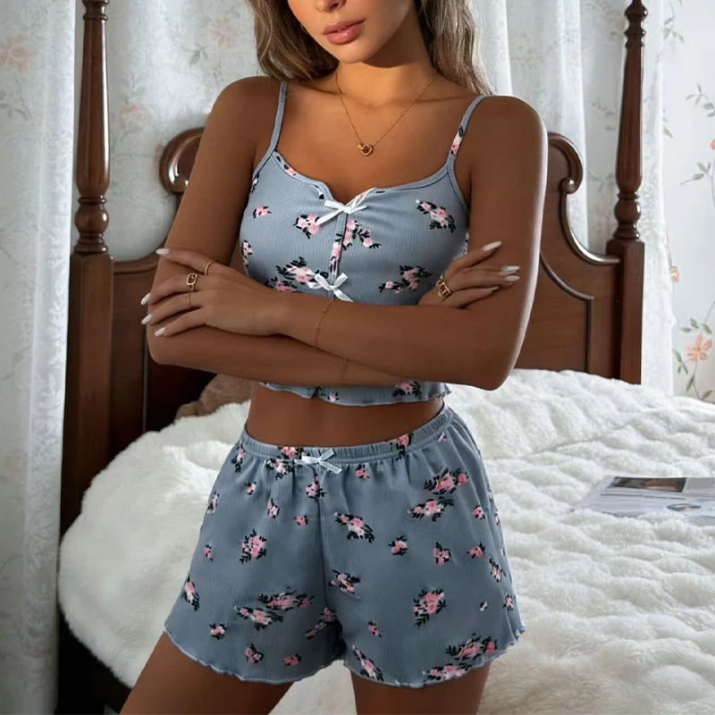 Summer Sleepwear Women Fashion Floral Print Pajama Set V Neck Cami Top Lettuce Trim Shorts Sexy Lingerie