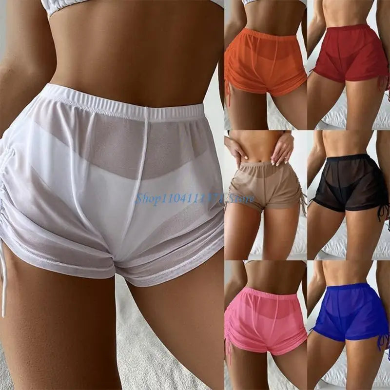 Womens Swim Shorts Solid Color Bikinis Bottom Girls Drawstring Swimsuit Bottom Highs Waist Swim Shorts for Beachwears