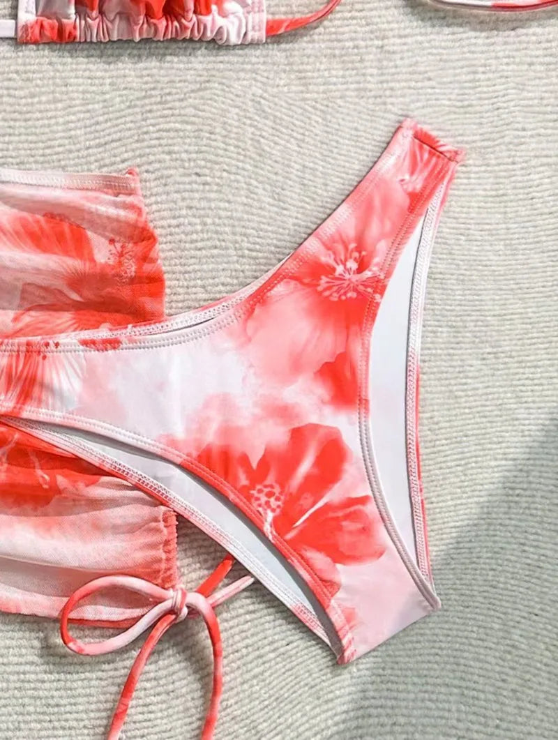 Sexy 3 Piece Bikini Set Women Printed Split Swimsuit Neck Strap Bathing Suit with Cover Up Skirt Swimwear Biquine Brasileiro