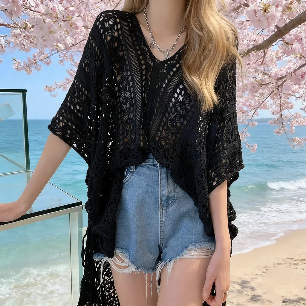 Women's Swimwear Crochet Lace Beach Cover Up Bikini Swimsuits Knitted Cover Up Dress Womens Swimsuit V Neck Side Split Beachwear
