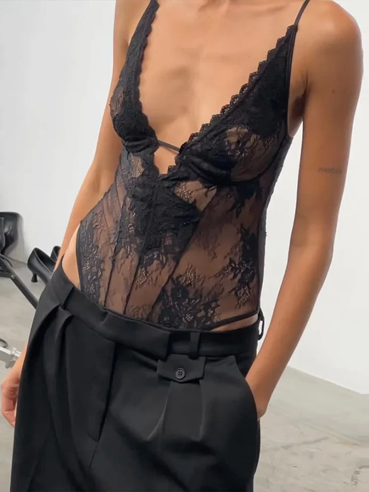 Sexy Women's Bodysuit Halter Lace Deep V-neck Sleeveless   Slim Female Bodysuits 2026 Summer New Fashion Party Chic Lady Top