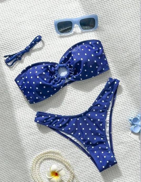 2026 Bikini Woman 2025 Swimsuit Women Printed Bikinis Black Bandeau Top Thong Bottom Swimwear Polka Dot Two Piece High Cut
