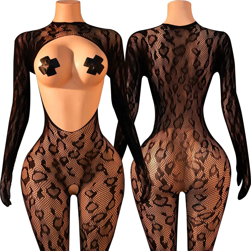 Erotic Open Buttocks Lingerie Women Fishnet Hollow Babydoll Dress Black Lace Bodystockings Sexy Halter Neck Baby Dolls Stockings