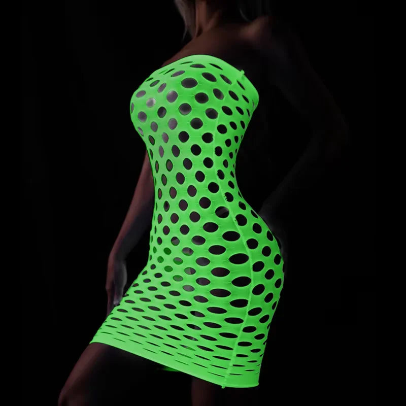 Sexy Hollow Out Luminous Bodysuit Sexy Lingerie See Through One-piece Luminous Suspenders Mesh Clothes Fishnet Socks Dress