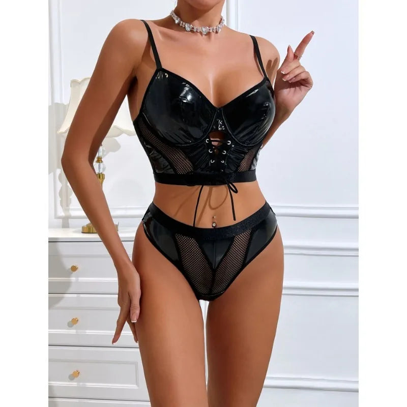 Sexy Fetish Lingerie Sets for Women 2 Piece Leather Sheer Mesh Corset Tops Bodysuit Exotic Underwear Bandage Push Up Bra Panties