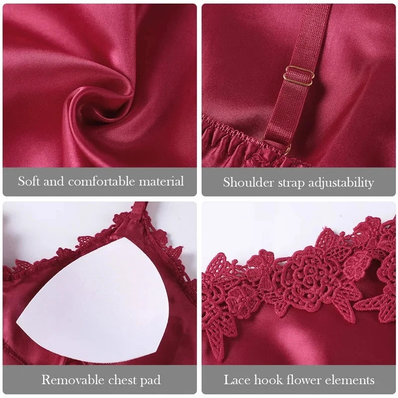 5pcs Silk Robe Sleep Suit Womens Lace Satin Pajamas Gown Set V-Neck Cami Nighties Wear Pijama Home Nightwear Spring Nightdress