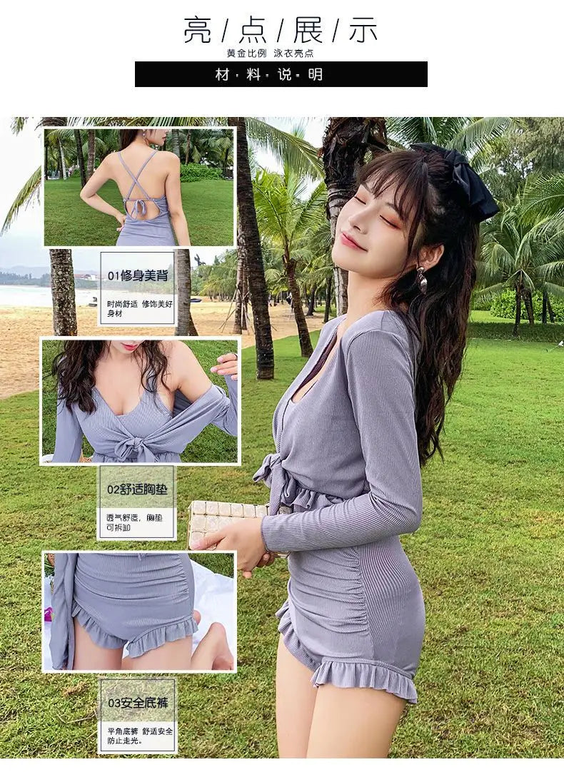 2025 New Swimsuit Women's Belly-covering Slim Swimsuit Conservative Meat-covering Ins One-piece Sexy Long-sleeved Swimsuit Beach