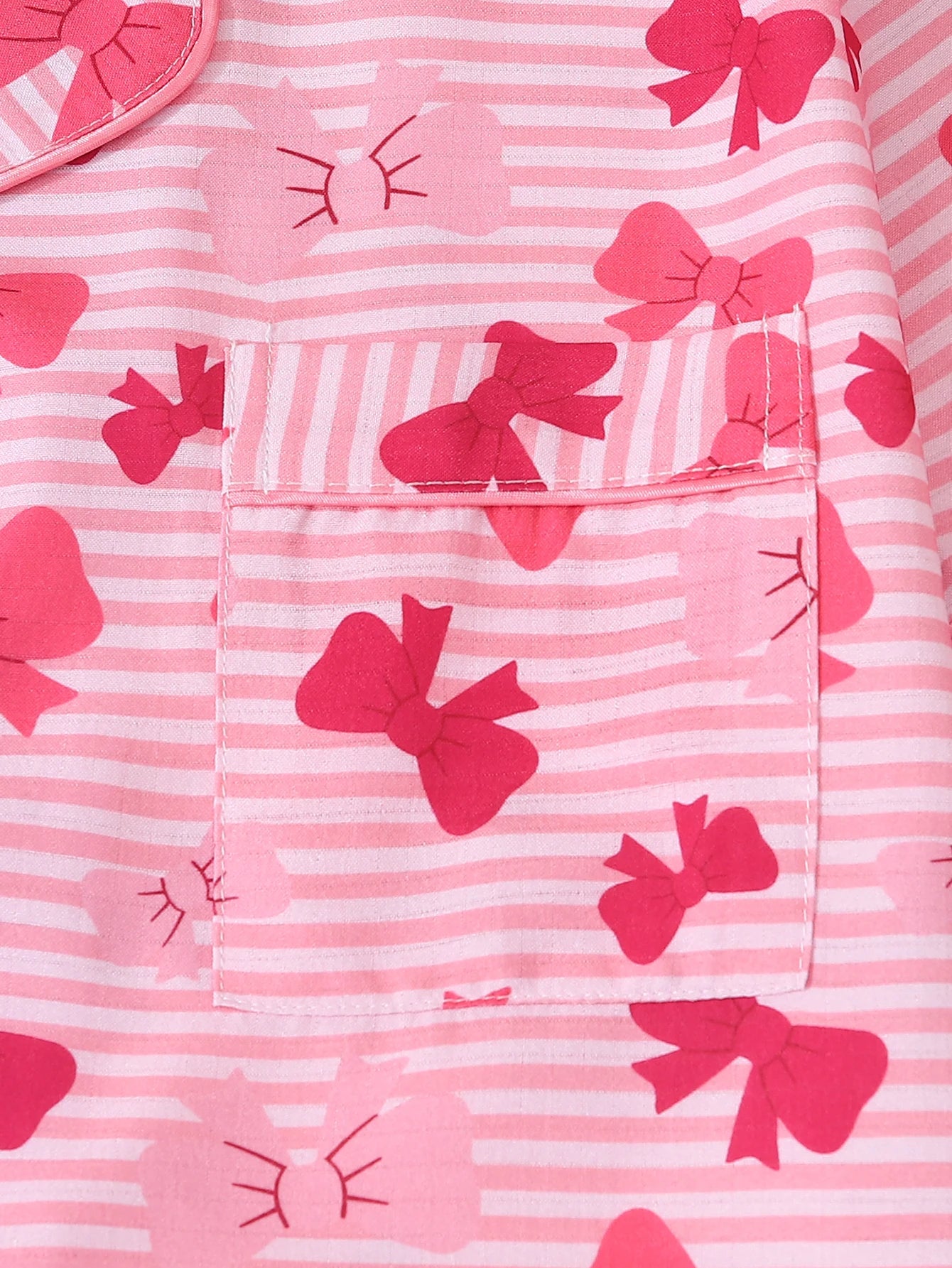 Two-Piece Set: Comfortable Pink and White Striped Top with Red Bow Print, Turn-Down Collar, Buttoned Short Sleeves, and Pockets, Paired with Bow Shorts. Spring/Summer Women's Pajama Loungewear Set Suitable for Home Use