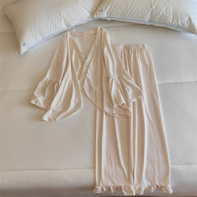 Pajama Set Woman New Chest Pad Sleepwear Ladies Night Wear Clothes Long Sleeve Trousers Suit Cotton Home Pijama De Mujer 3 Pcs
