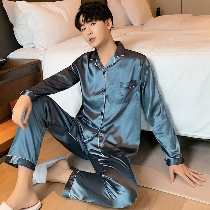 High Quality Men's Casual Pajama Sets Fashion Satin Long Sleeve Lapel Tops and Pants Homewaer Suit Men Comfort Lounge Sleepwear