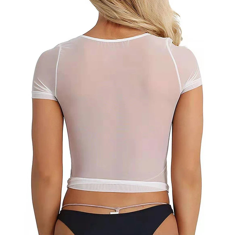 Sexy T Shirt See Through Mesh Black Tee Sheer Slim Short Sleeve Sheer Tank Crop Top Women Clothing Blouse Transparent Clubwear