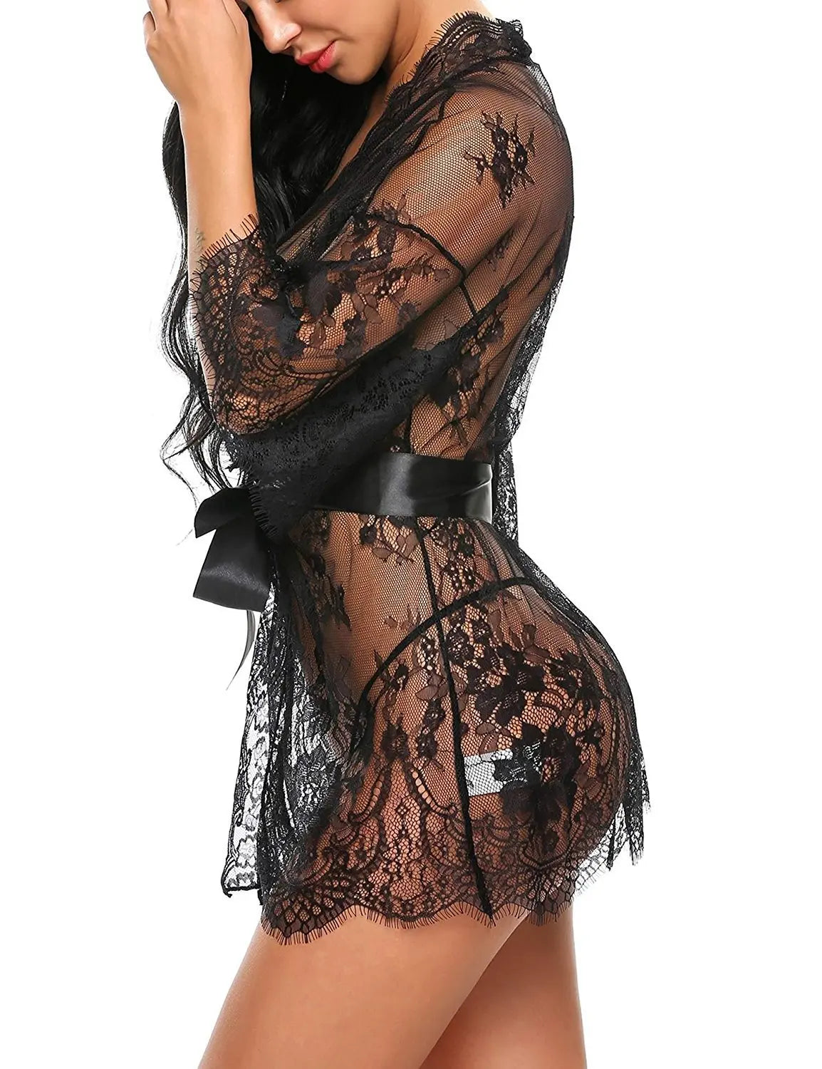 Porno Women Sexy Lingerie Dress Transparent V-Neck Nightwear Lace Babydoll Erotic Sleepwear Robe G-string Sex Costume