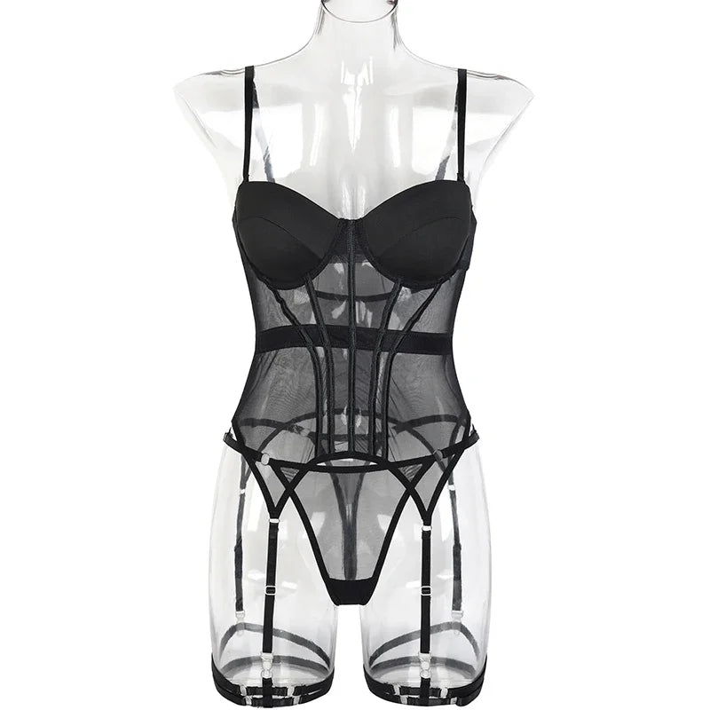 Mesh  Lingerie Luxury Brand Bodysuit Backless Tops for Women 3 Piece Lingerie Set with Garter Sexydresses for Women New