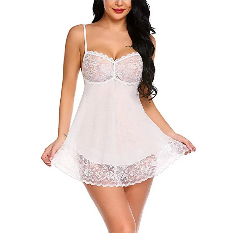 Sling Lingerie Set Women's Sexy Lace Mesh Patchwork Suspender Long Skirt T-back Nightdress Solid Color Deep V Nightwear Sets