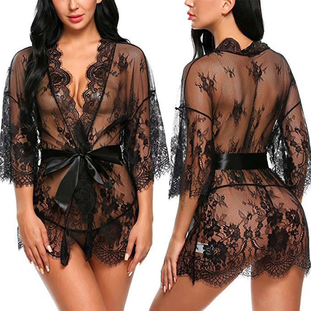 Women Sexy Lingerie Erotic Transparent V-Neck Lace Babydoll Nightwear Robe G-string Costume Kimono Sleepwear Dress