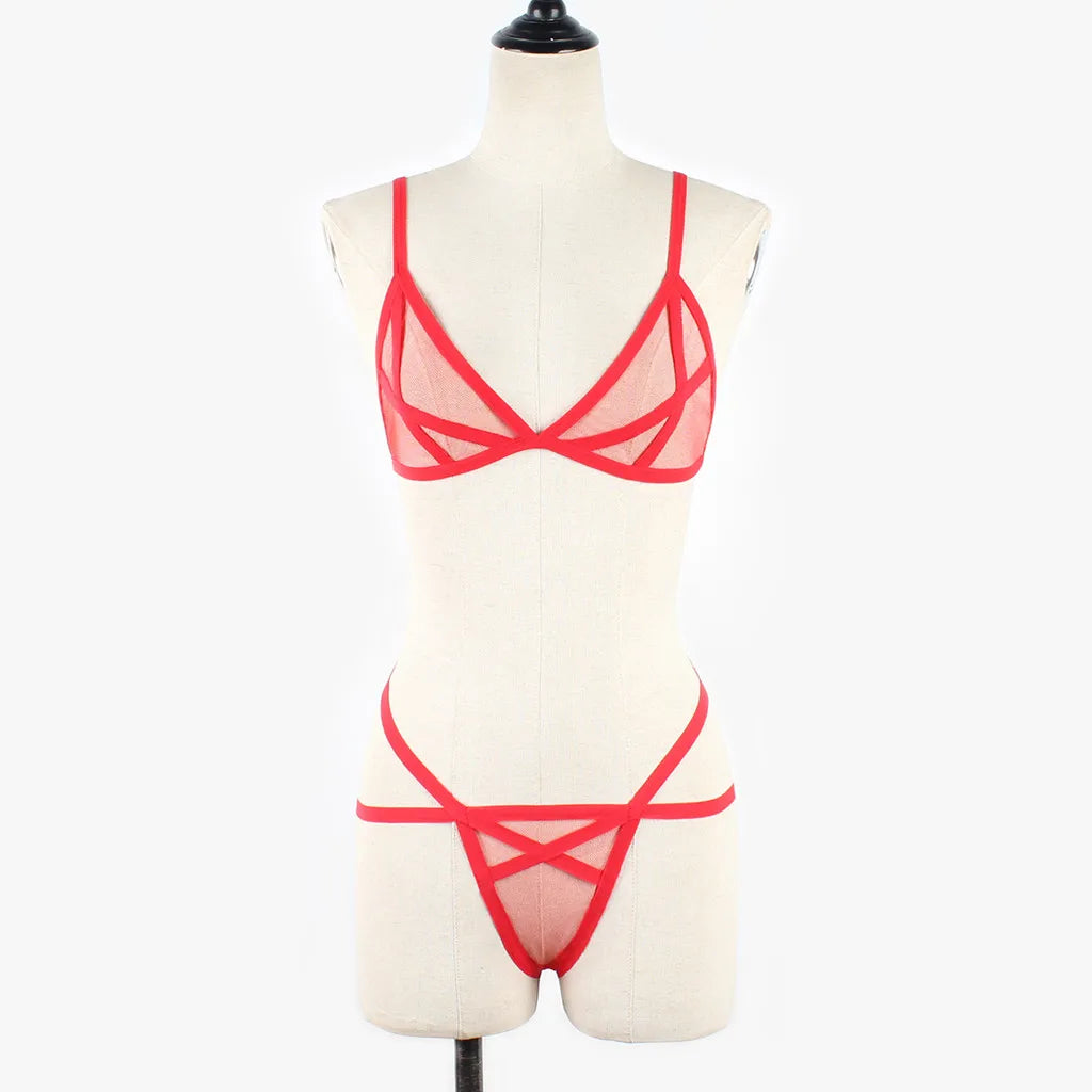 Women Sexy Lingerie Corset Solid Erotic Mesh Transparent Bra Panty Lingerie Underwear Set Lenceria Erotica Mujer Sexi Babydoll