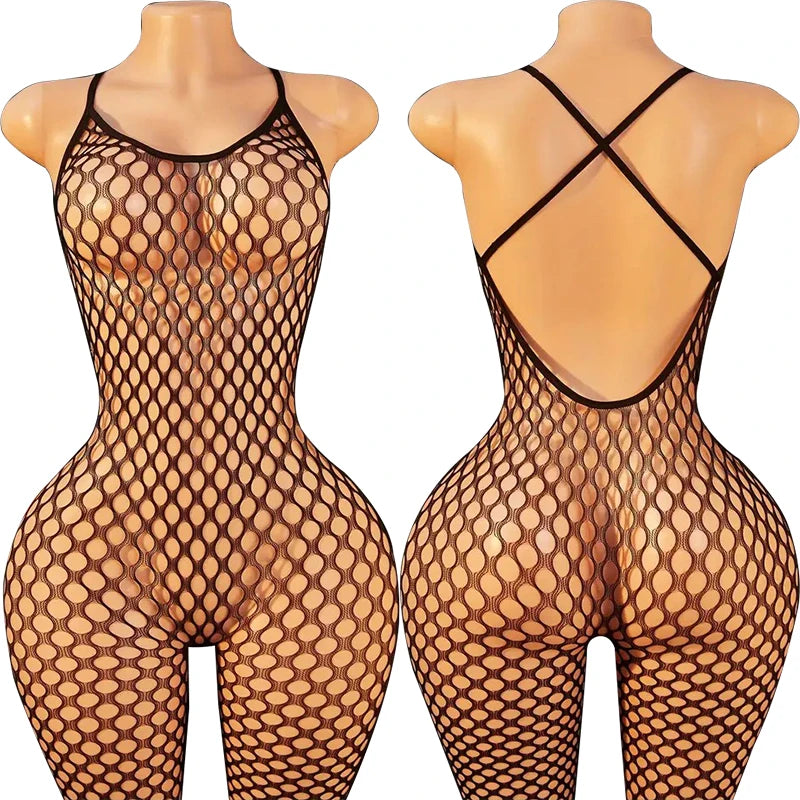 Erotic Open Buttocks Lingerie Women Fishnet Hollow Babydoll Dress Black Lace Bodystockings Sexy Halter Neck Baby Dolls Stockings