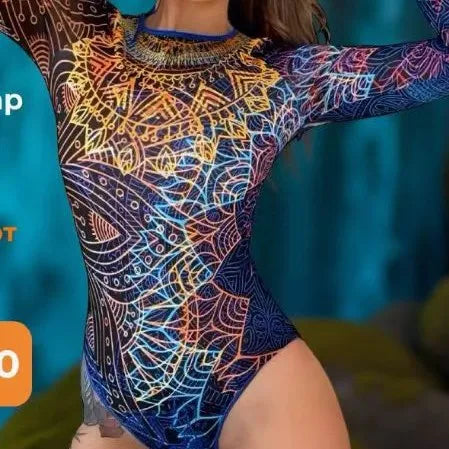 New Women's Fashionable and Sexy Printed Long Sleeved Swimsuit with Cup Cover Sun Protection Mesh Fabric One-piece Swimsuit
